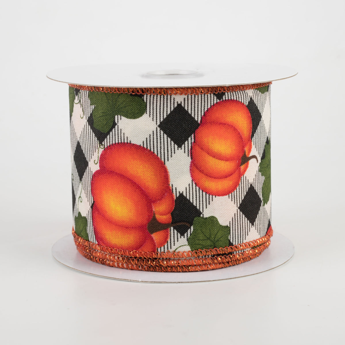 2.5" Pumpkins With Leaves Check Ribbon: Tan (10 Yards)