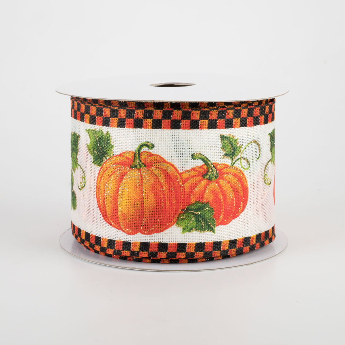2.5" Pumpkins & Leaves Ribbon With Check Edge (10 Yards)