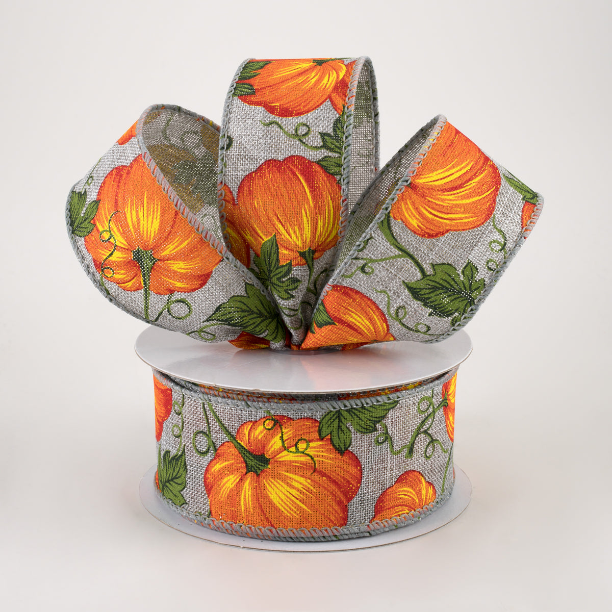 1.5" Pumpkins & Vines Linen Ribbon: Grey & Orange (10 Yards) Lifestyle Photo