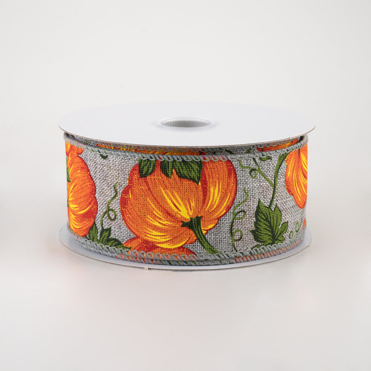 1.5" Pumpkins & Vines Linen Ribbon: Grey & Orange (10 Yards)