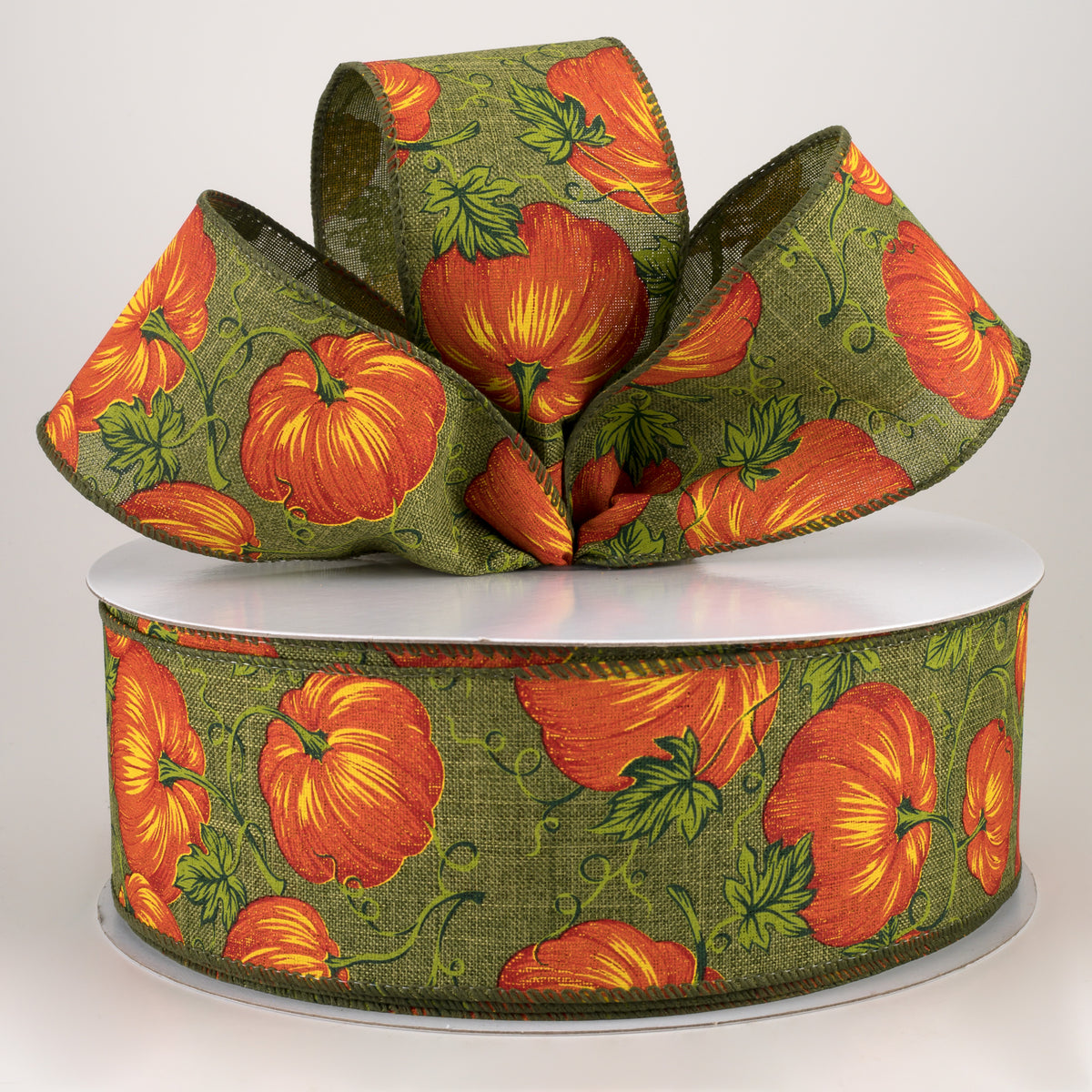 2.5" Pumpkins & Vines Linen Ribbon: Moss & Rust (50 Yards) Lifestyle Photo
