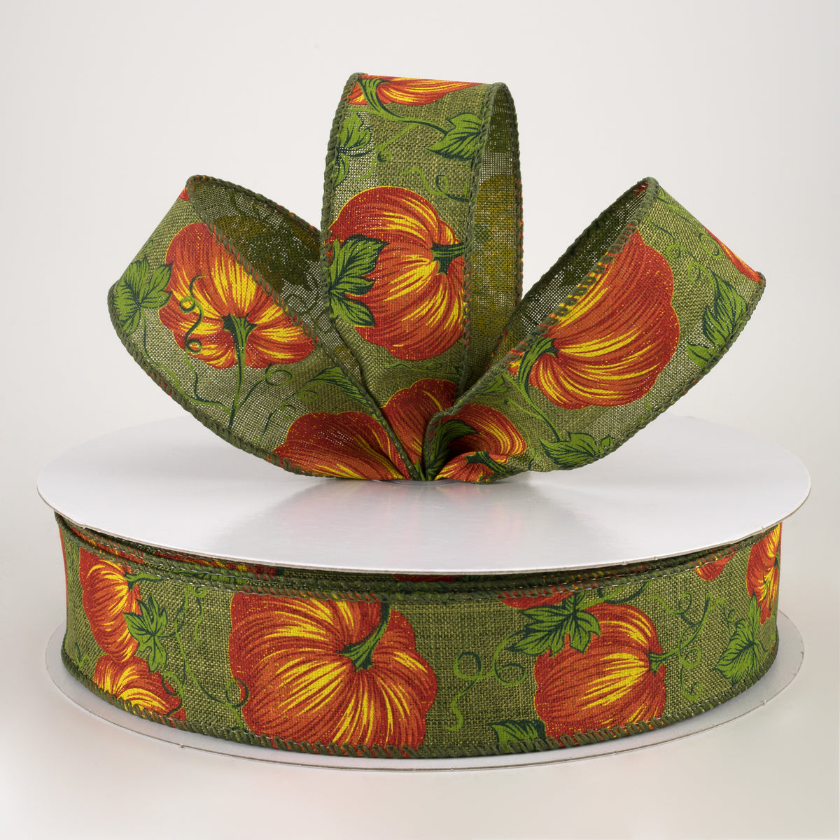 1.5" Pumpkins & Vines Linen Ribbon: Moss & Rust (50 Yards) Lifestyle Photo