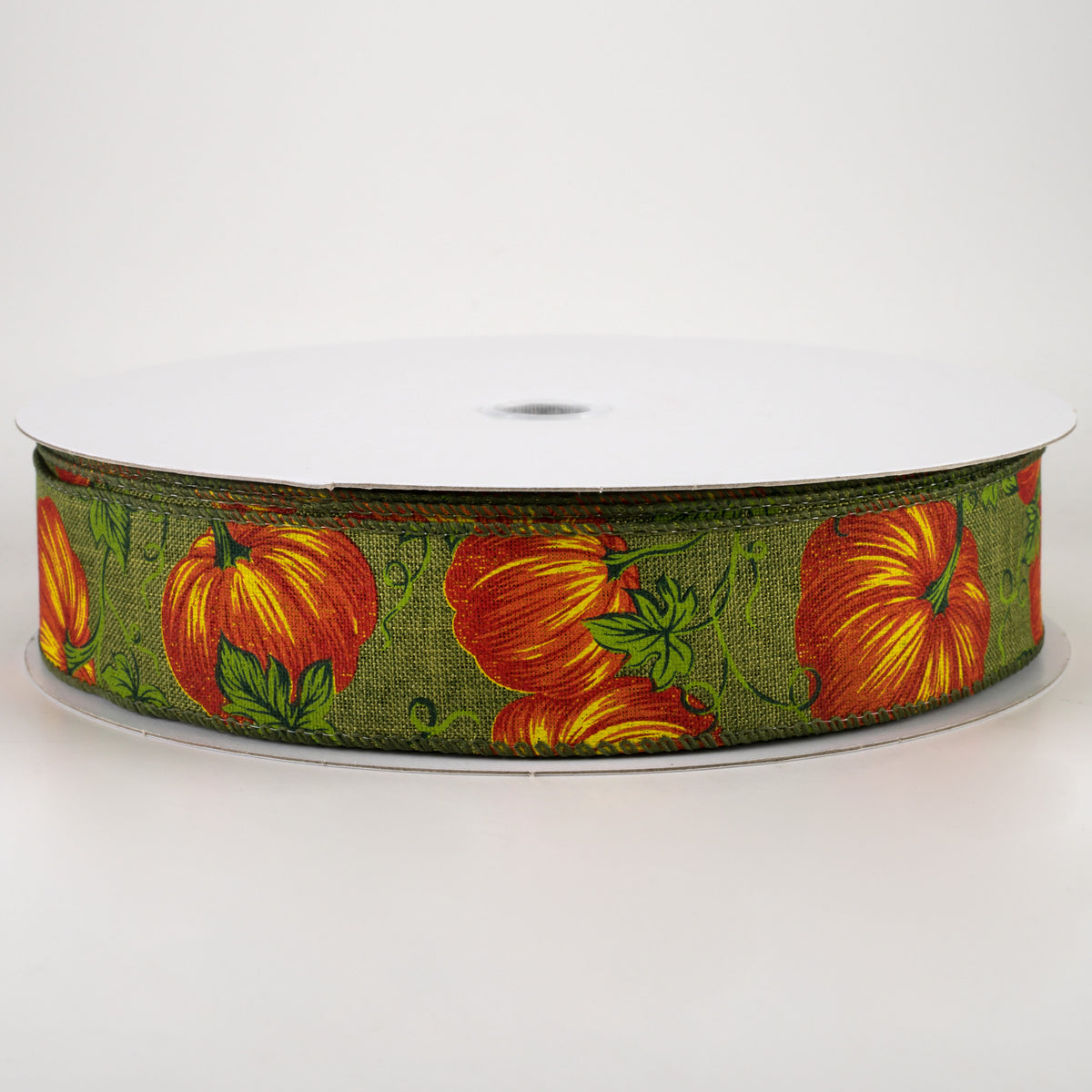 1.5" Pumpkins & Vines Linen Ribbon: Moss & Rust (50 Yards)