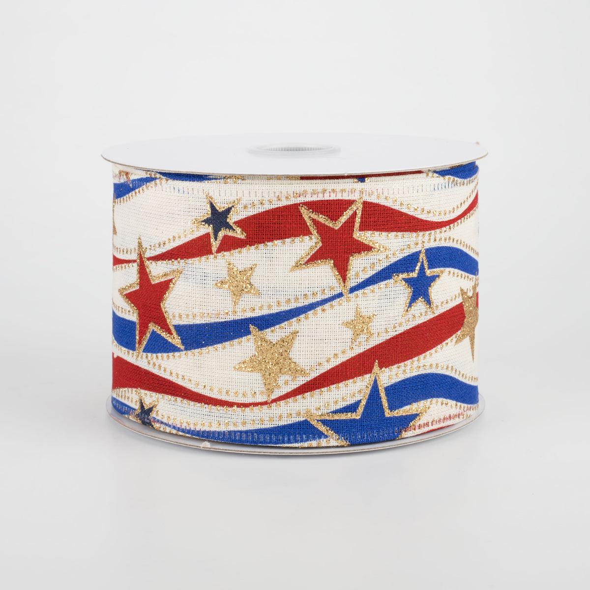 2.5" Red, Blue, Gold Stars Ribbon: Ivory (10 Yards)