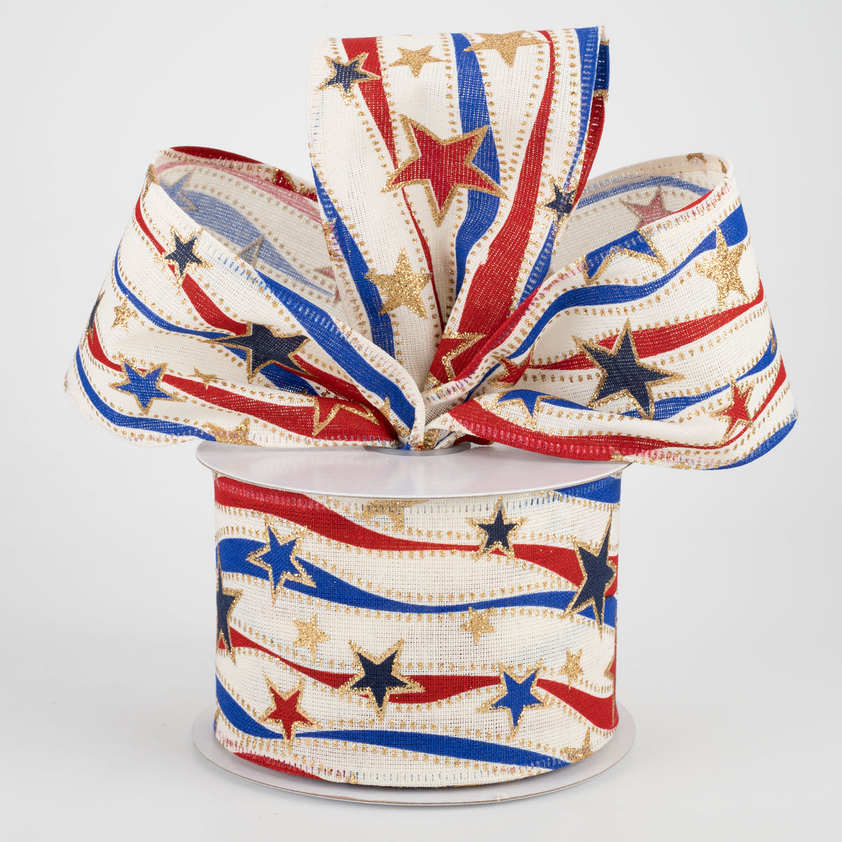 2.5" Red, Blue, Gold Stars Ribbon: Ivory (10 Yards) Lifestyle Photo