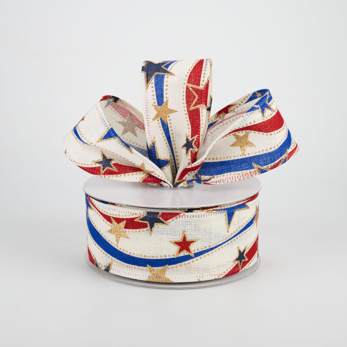 1.5" Red, Blue, Gold Stars Ribbon: Ivory (10 Yards) Lifestyle Photo