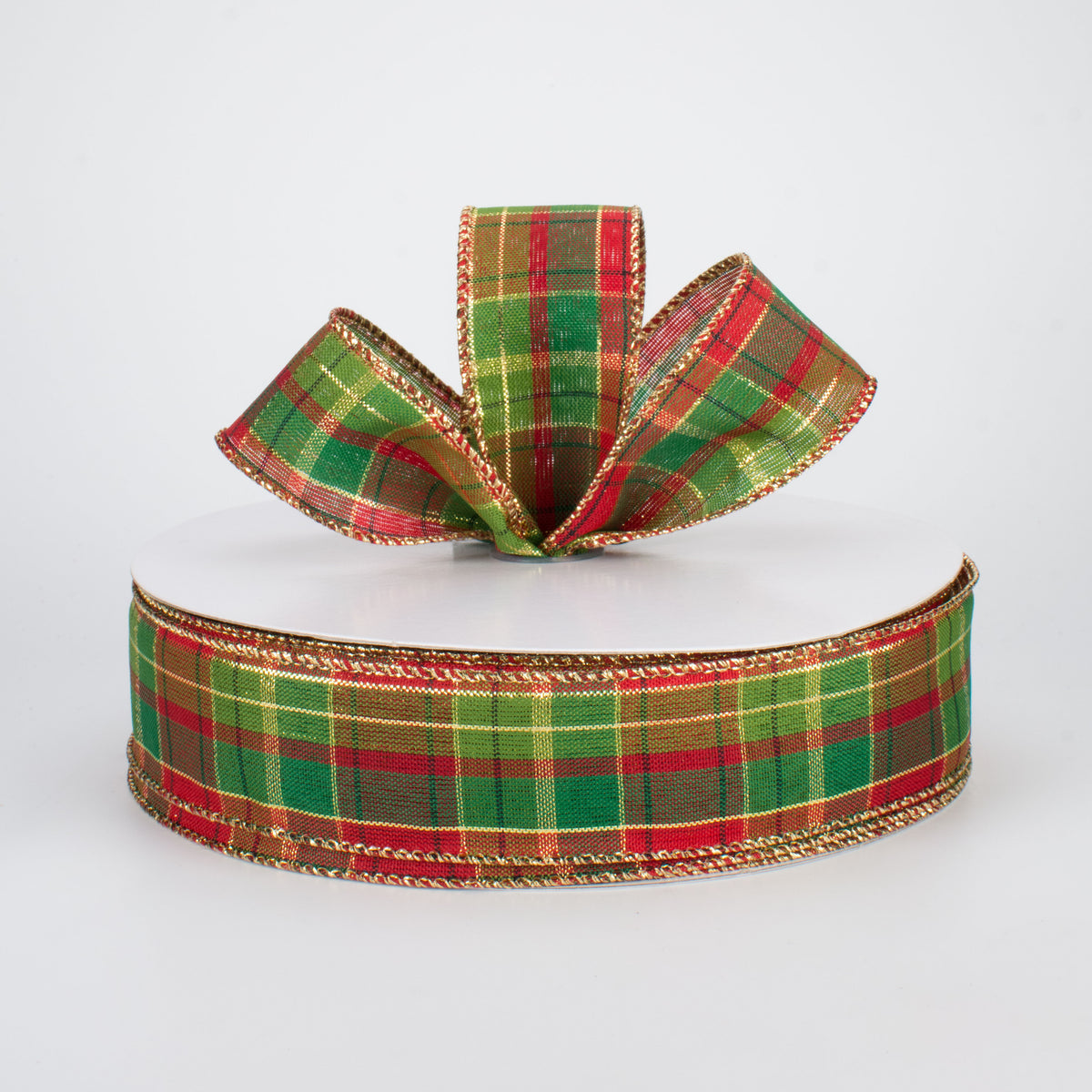 1.5" Red & Green Plaid with Foil Ribbon (50 Yards) Lifestyle Photo
