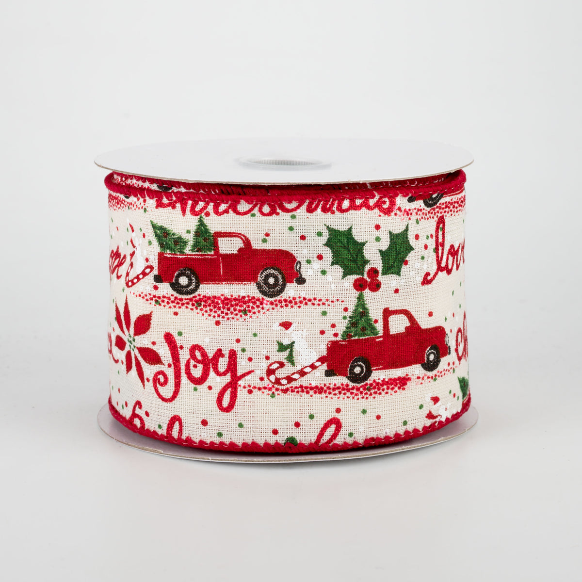 2.5" Red Truck & Script Ribbon: Ivory (10 Yards)
