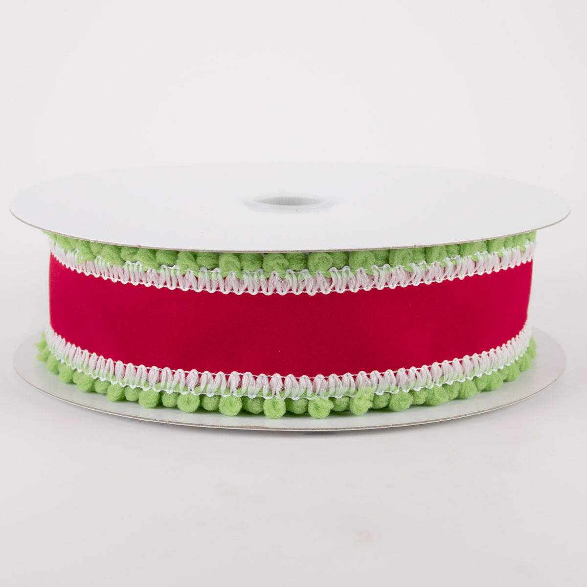 1.5" Red Velvet with Green Ball Edge Ribbon (10 Yards) Item Number: 71117-09-13