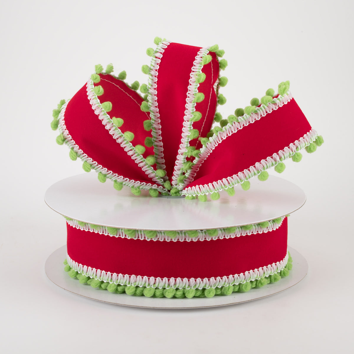 1.5" Red Velvet with Green Ball Edge Ribbon (10 Yards) Lifestyle Photo