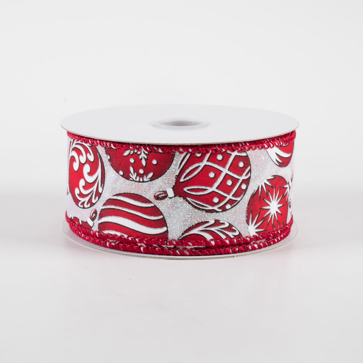 1.5" Red & White Ornaments on Iridescent Ribbon (10 yards)
