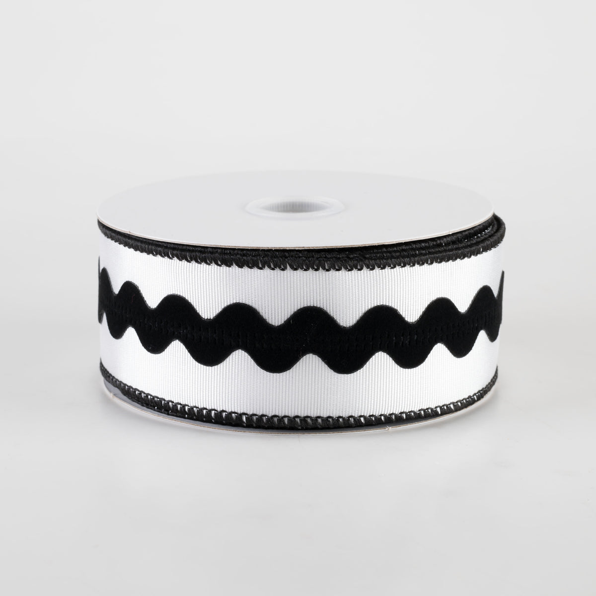 1.5" Ric Rac Center Ribbed Satin Ribbon: White & Black (10 Yards)