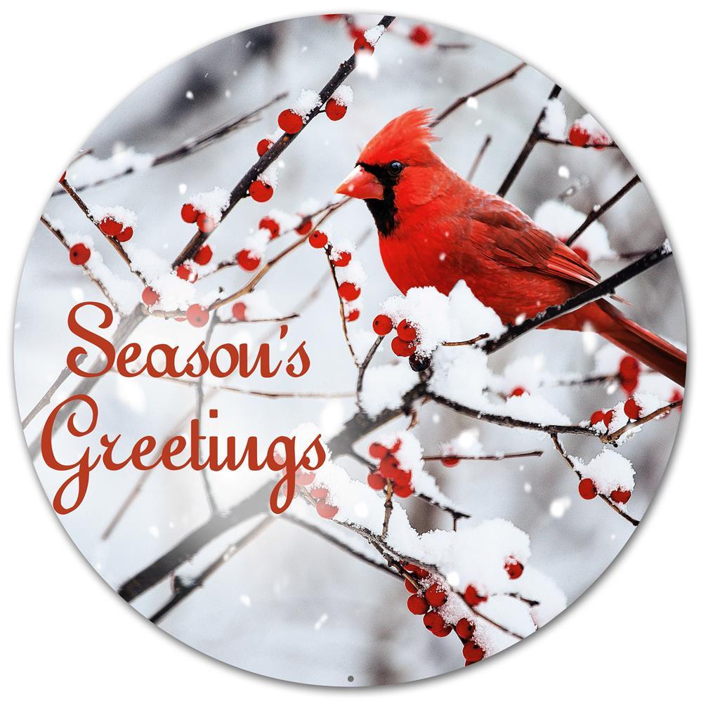 12" Round Metal Sign: Season's Greetings Cardinal Item Number: AP0124