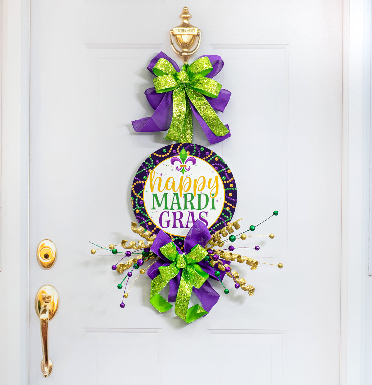 12" Round Waterproof BowTie Sign: Happy Mardi Gras Beads Lifestyle Photo