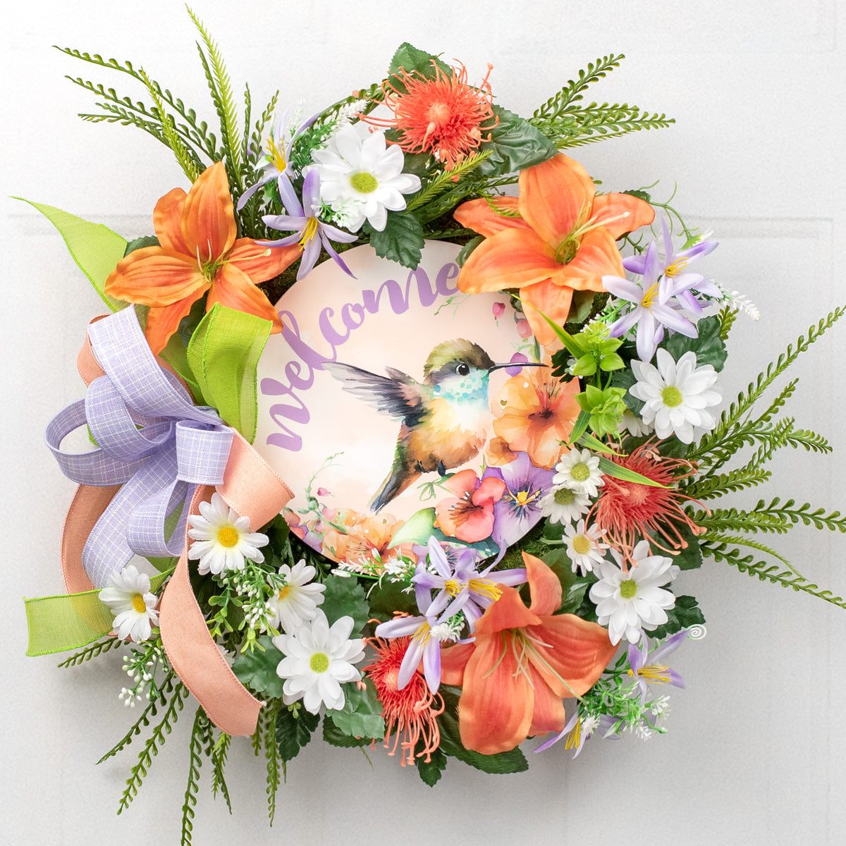 9.4" Round Waterproof Sign: Baby Hummingbird Welcome Purple Lifestyle Photo