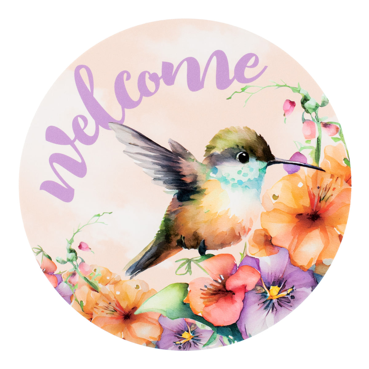 9.4" Round Waterproof Sign: Baby Hummingbird Welcome Purple Item Number: CD1010NH