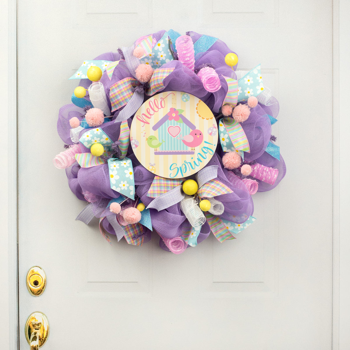 9.4" Round Waterproof Sign: Hello Spring Birdhouse Lifestyle Photo