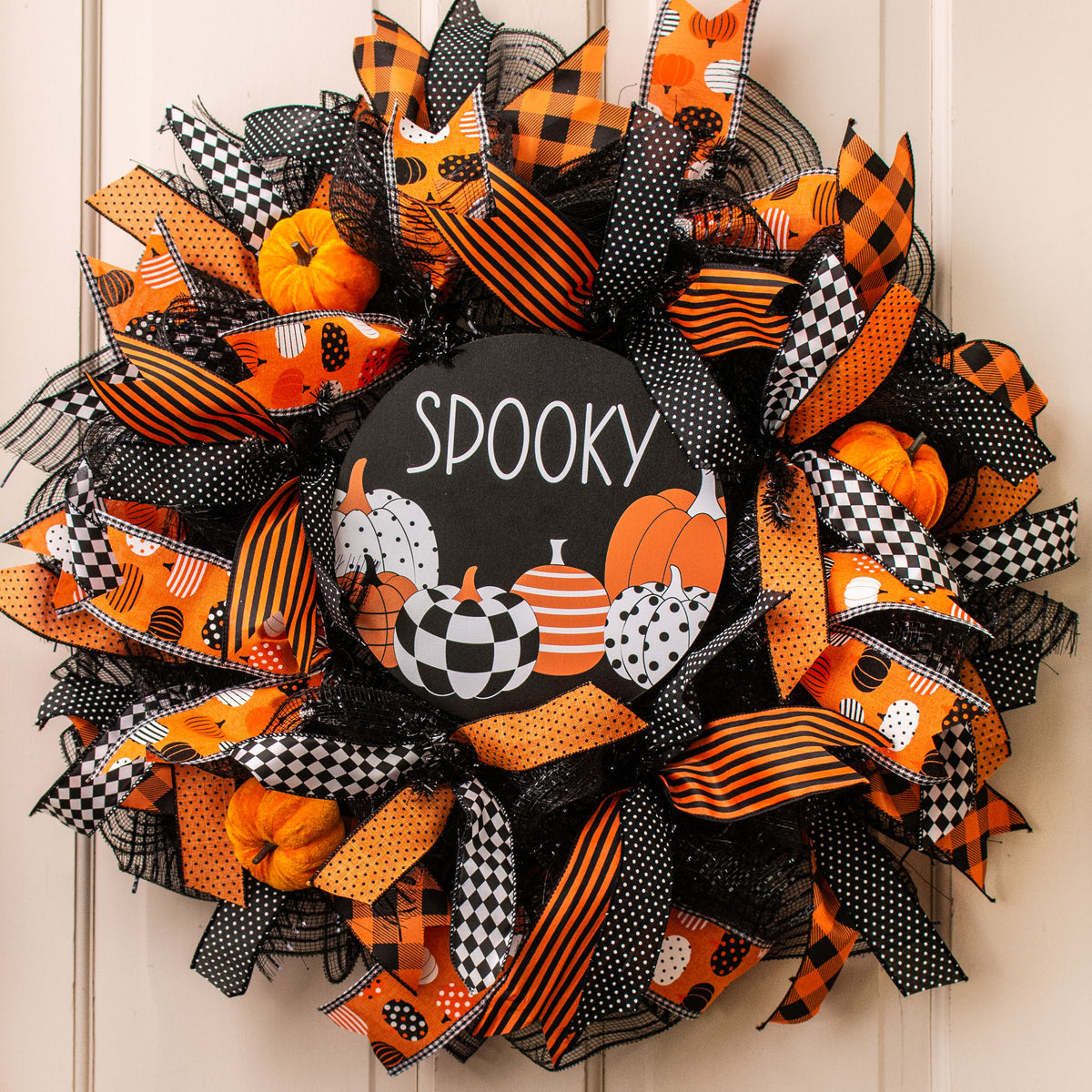 9.4" Round Waterproof Sign: Spooky Pattern Pumpkins Lifestyle Photo