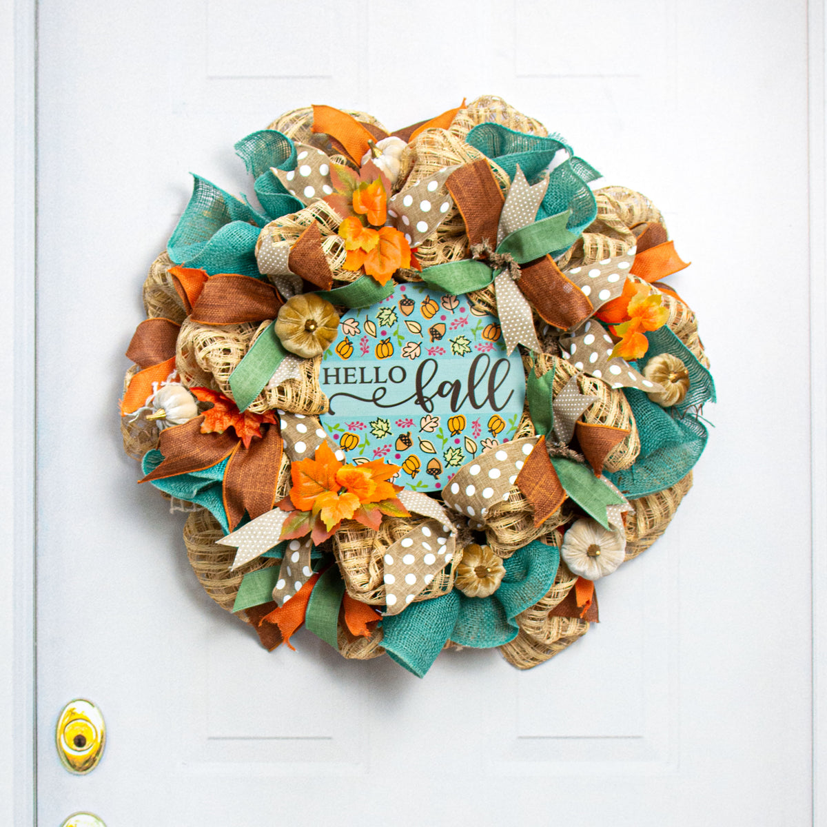 9.4" Round Waterproof Sign: Teal Hello Fall Lifestyle Photo