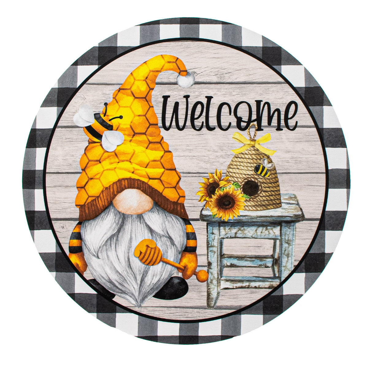 9.4" Round Waterproof Sign: Welcome Bee Gnome Item Number: CD0919NH