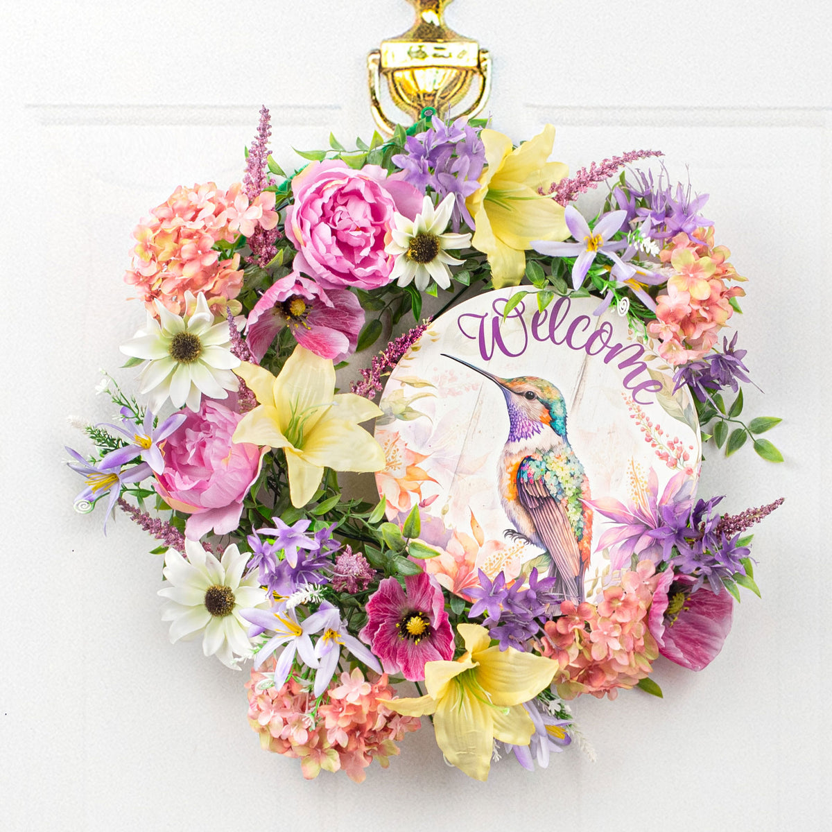 9.4" Round Waterproof Sign: Welcome Hummingbird Lifestyle Photo