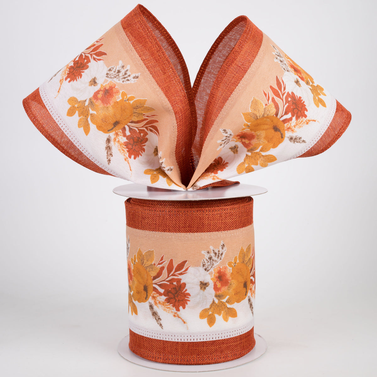 4" Rust Fall Pampas & Pumpkins Linen Edge Ribbon: Rust Orange (10 Yards) Lifestyle Photo
