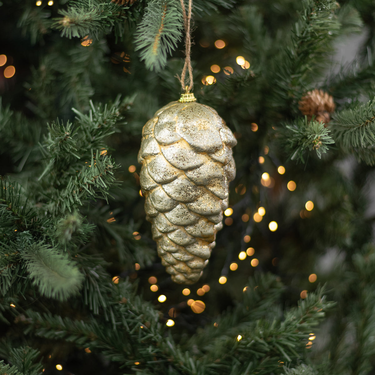 6.5" Rustic Lightweight Ornament: Gold Pinecone Lifestyle Photo