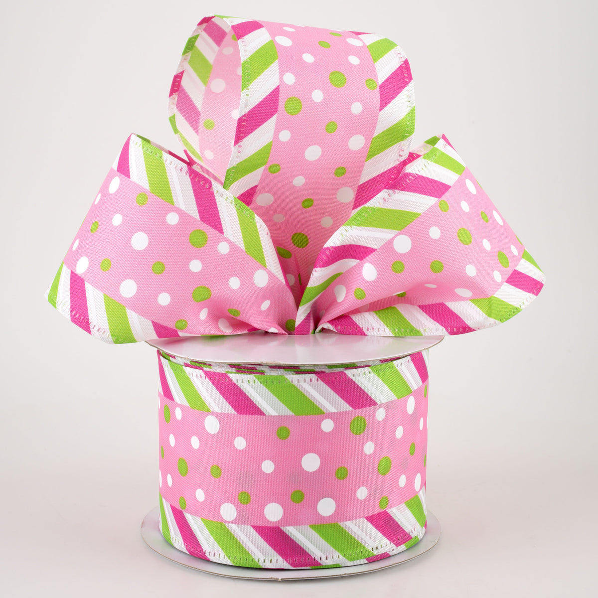 2.5" Satin Dots & Diagonal Stripe Edge Ribbon: Pink (10 Yards) Lifestyle Photo