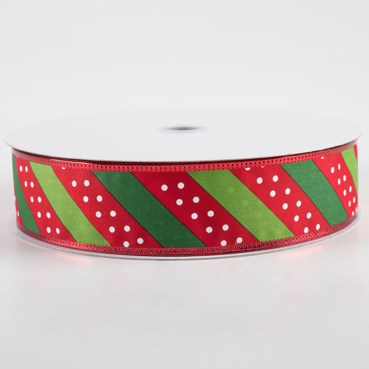 1.5" Satin Dots & Diagonal Stripes, Metallic Edge Ribbon: Red, White, Green (50 Yards)