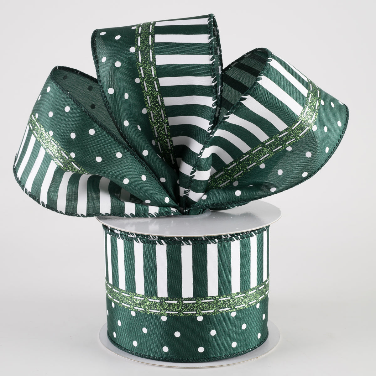 2.5" Satin Dots & Stripes Ribbon: Dark Green & White (10 Yards) Lifestyle Photo