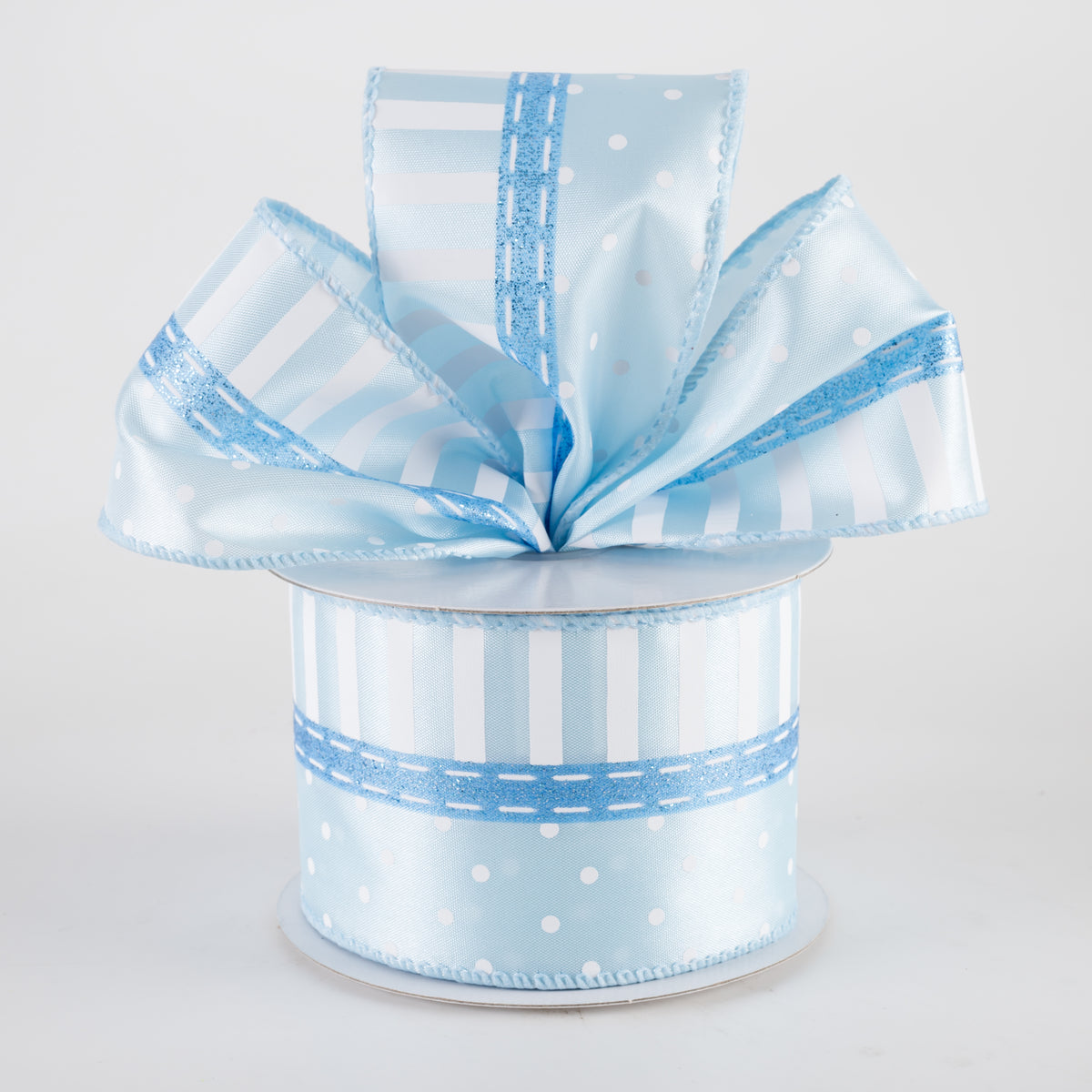 2.5" Satin Dots & Stripes Ribbon: Light Blue (10 Yards) Lifestyle Photo