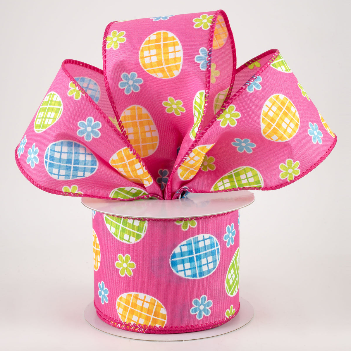 2.5" Satin Gingham Easter Eggs Ribbon: Fuchsia Pink (10 Yards) Lifestyle Photo