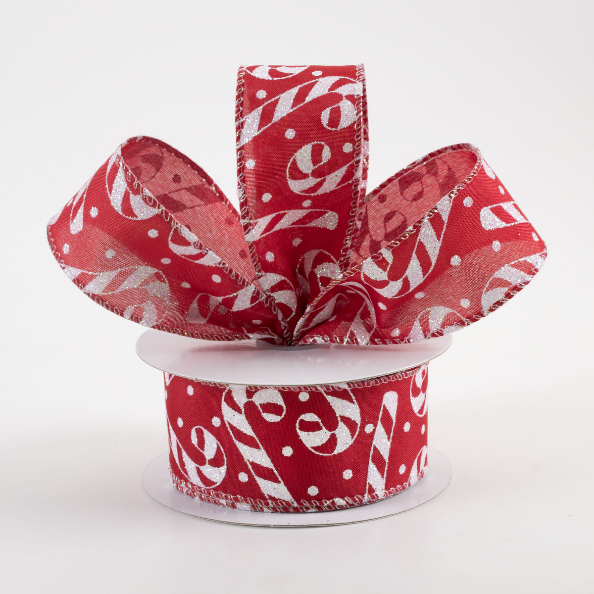 1.5" Satin Iridescent Glitter Candy Cane & Dots Ribbon: Dark Red (10 Yards) Lifestyle Photo