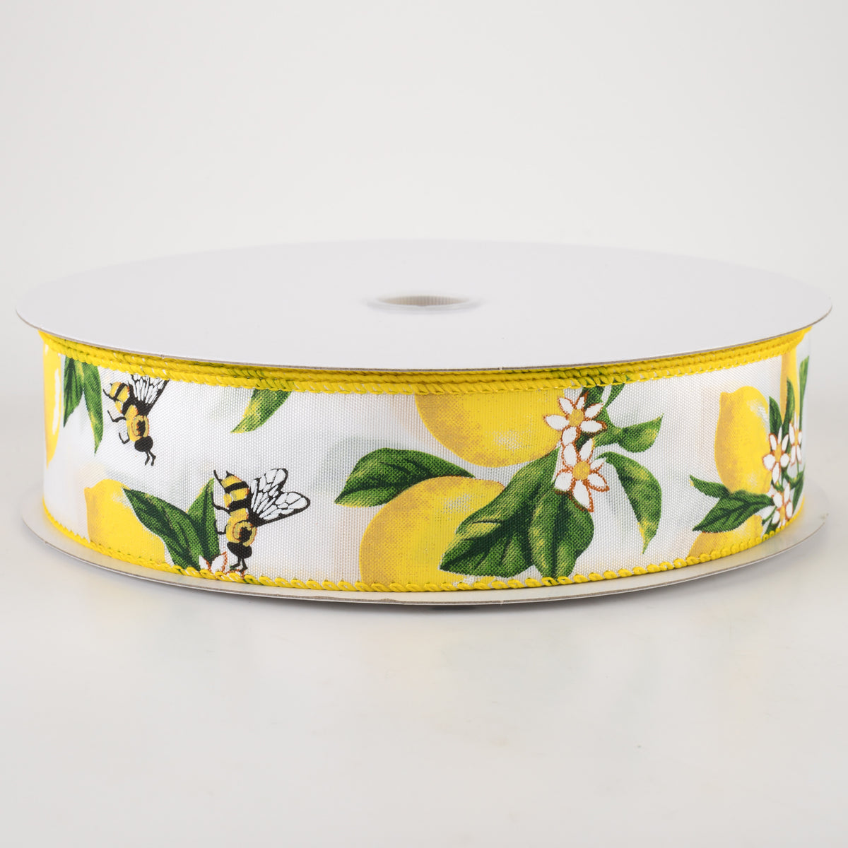 1.5" Satin Lemons & Bees Ribbon: White (50 Yards)