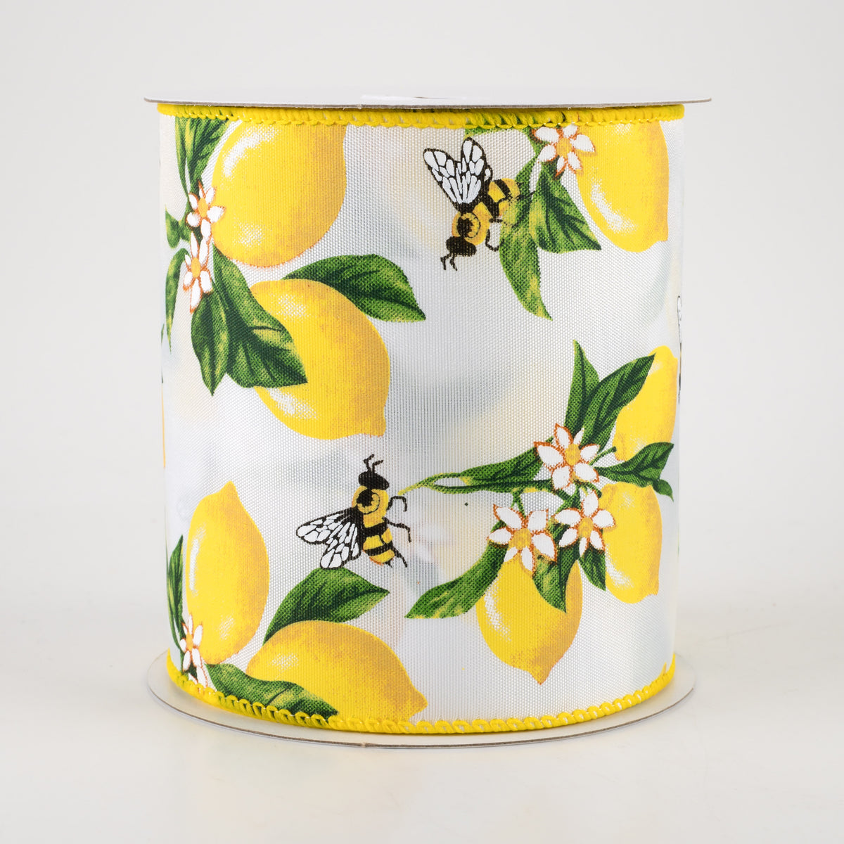 4" Satin Lemons & Bees Ribbon: White (10 Yards) Item Number: 41236-04-02