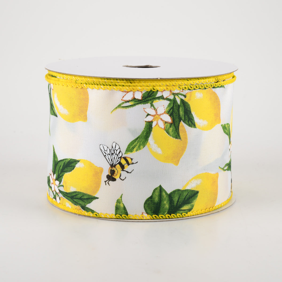 2.5" Satin Lemons & Bees Ribbon: White (10 Yards) Item Number: 41236-40-02