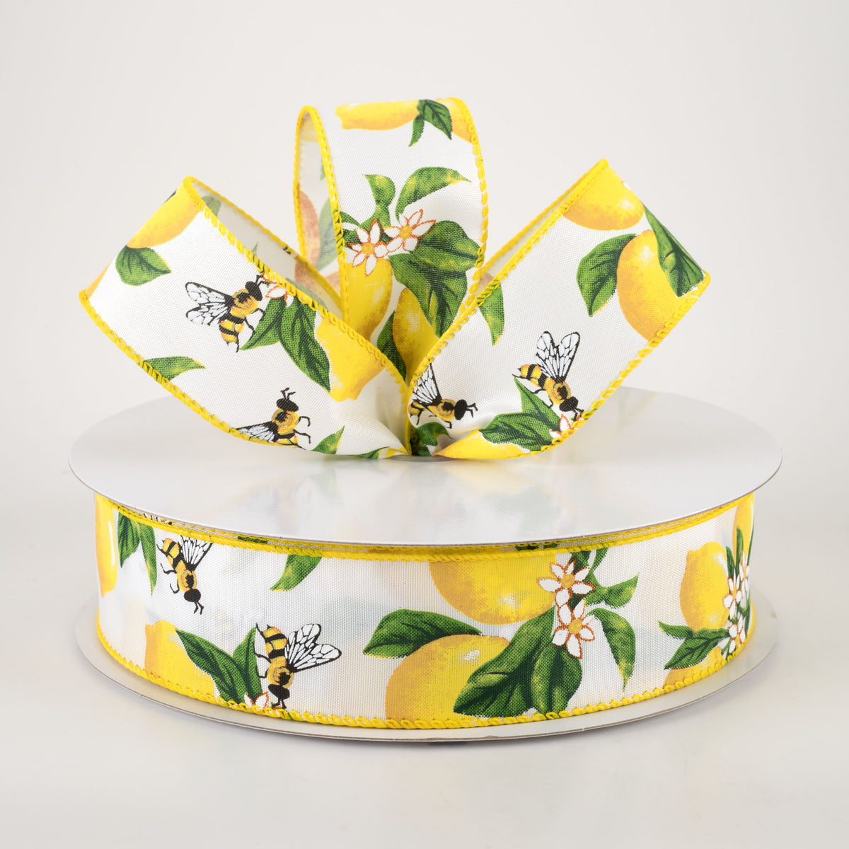 1.5" Satin Lemons & Bees Ribbon: White (50 Yards) Lifestyle Photo
