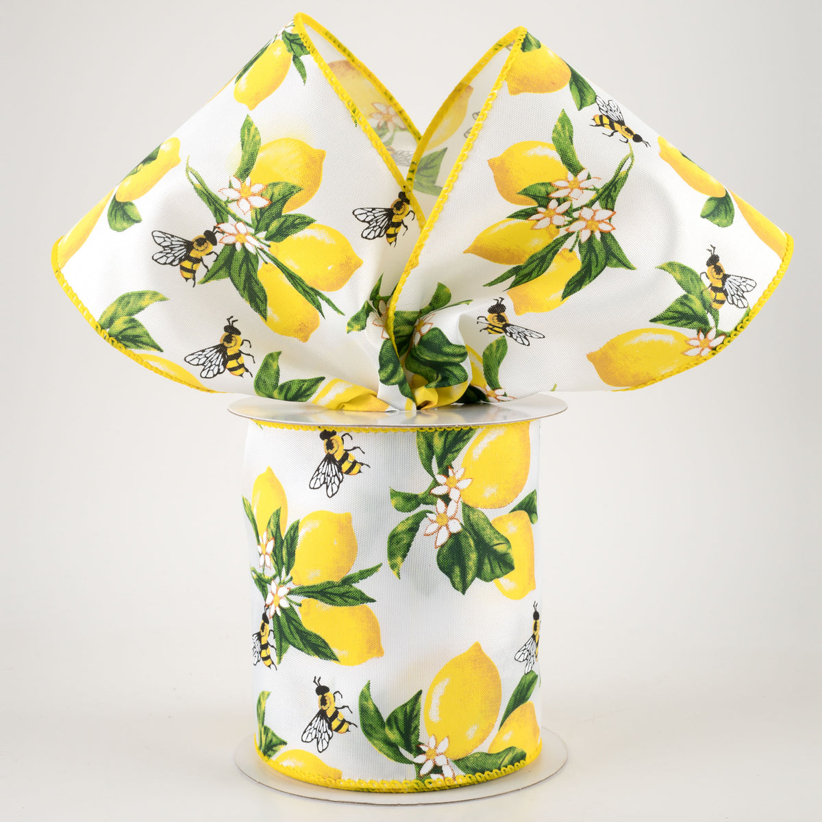 4" Satin Lemons & Bees Ribbon: White (10 Yards) Lifestyle Photo