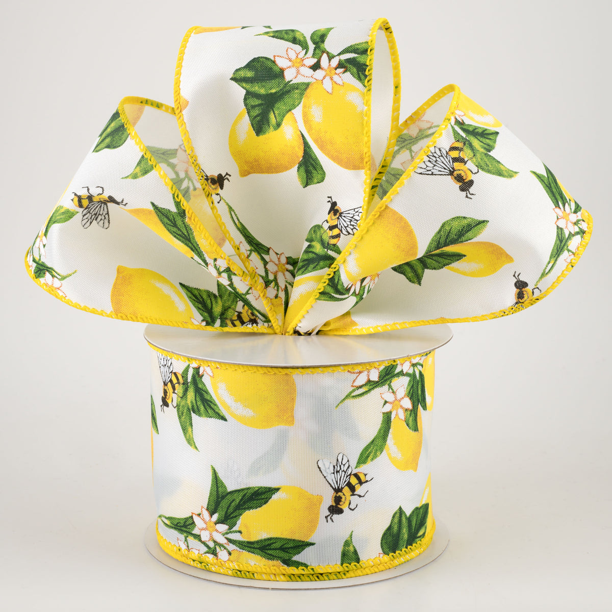 2.5" Satin Lemons & Bees Ribbon: White (10 Yards) Lifestyle Photo