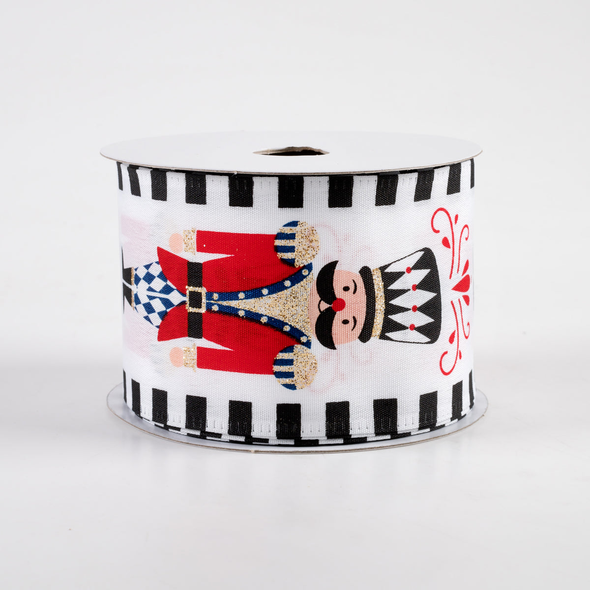 2.5" Satin Nutcracker Dash Edge Ribbon: White, Black, Blue (10 Yards)