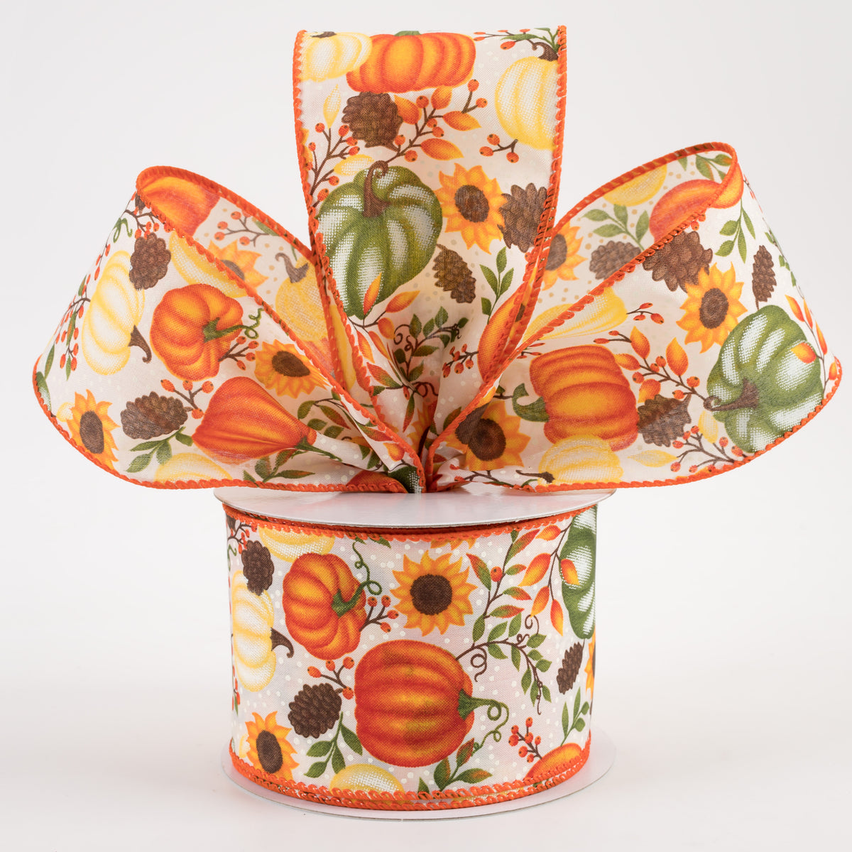 2.5" Satin Pumpkins & Sunflowers Ribbon: Cream (10 Yards) Lifestyle Photo