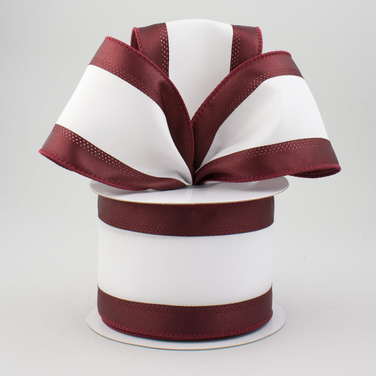 2.5" Satin Team Stripe Ribbon: Maroon & White (10 Yards) Lifestyle Photo
