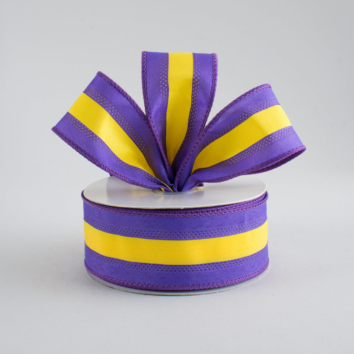 1.5" Satin Team Stripe Ribbon: Purple & Gold (10 Yards) Lifestyle Photo