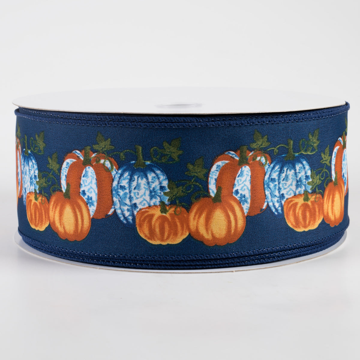 2.5" Satin Toile Pumpkins Ribbon: Navy, Blue, Orange (50 Yards)