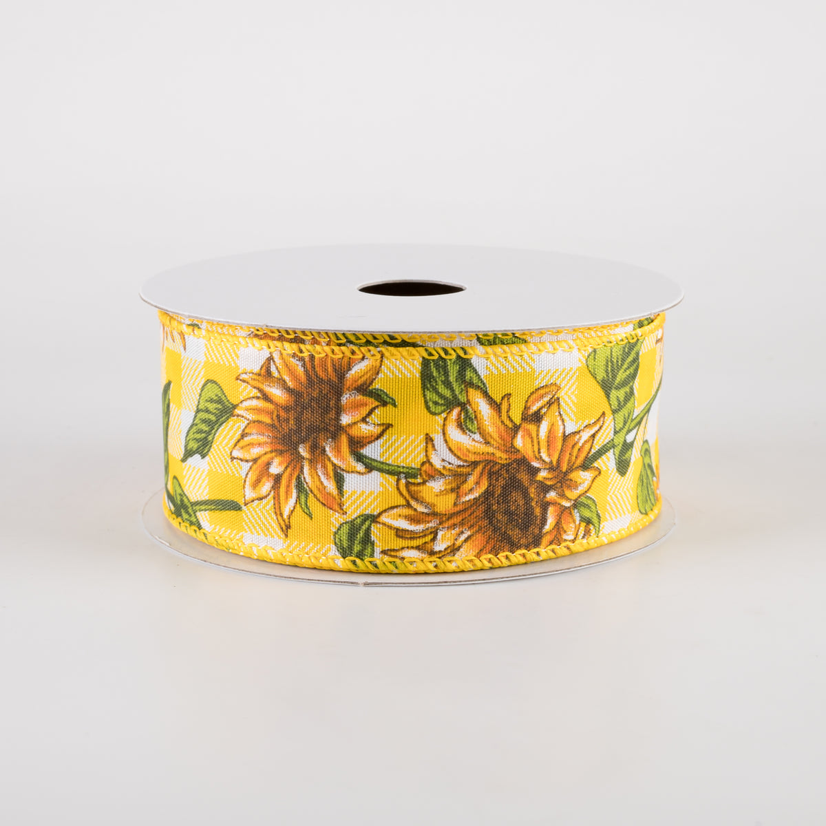 1.5" Satin Wild Sunflowers Check Ribbon: Yellow & White (10 Yards)