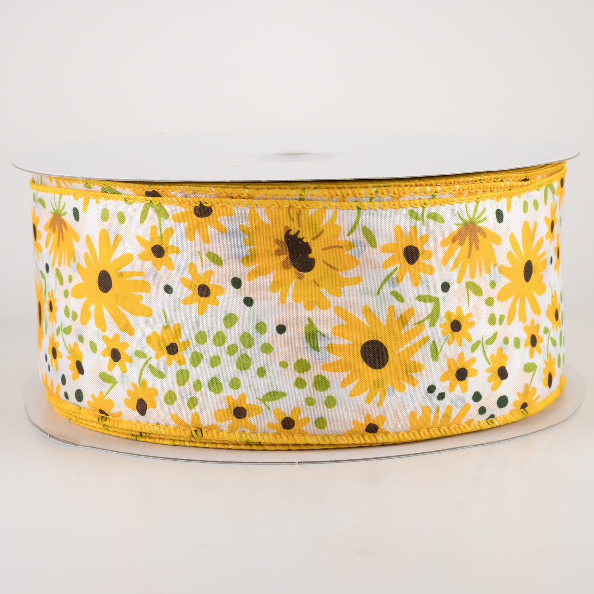 2.5" Satin Yellow Wildflowers Ribbon: White (50 Yards) Item Number: 41258-40-22C