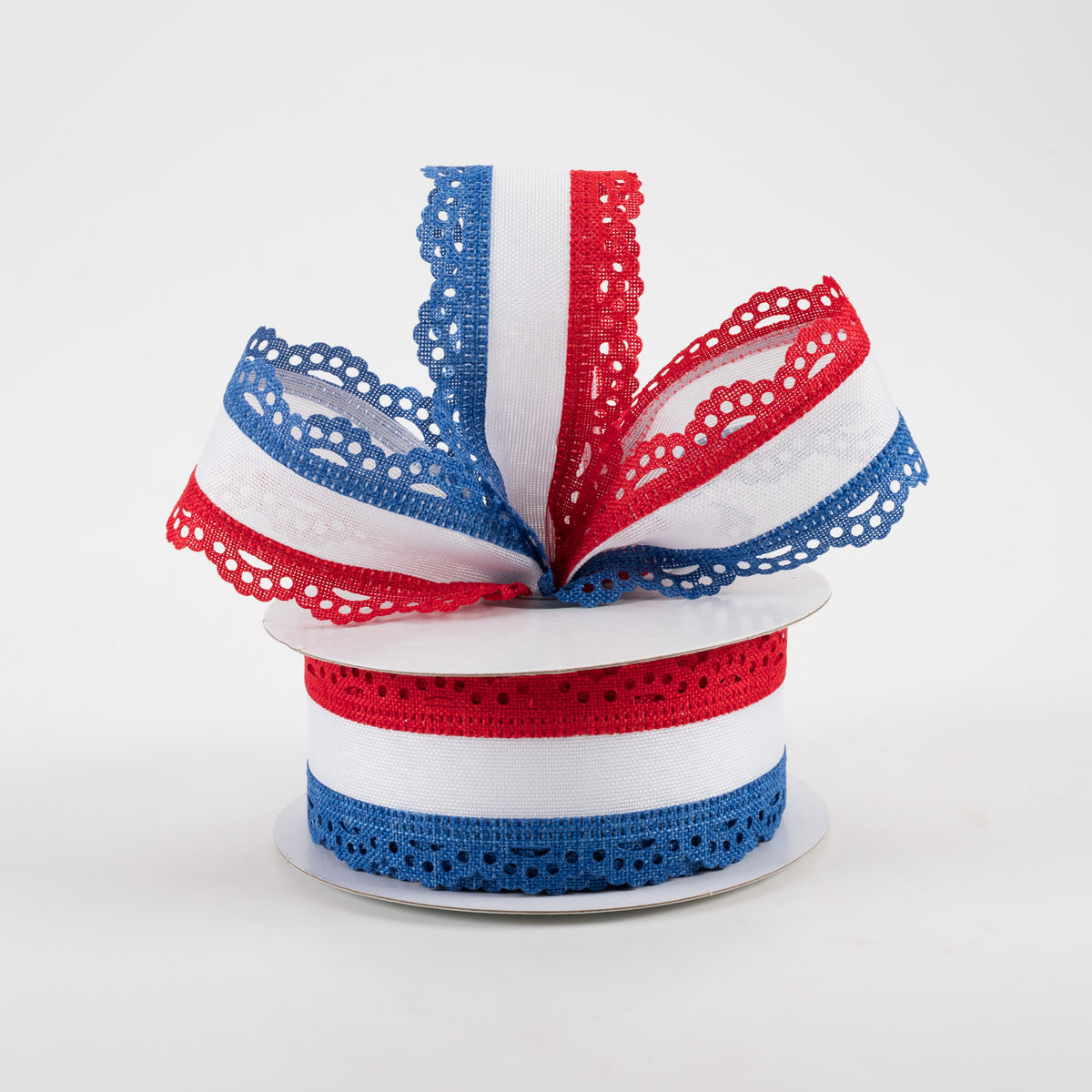 1.5" Scalloped Edge Ribbon: Red, White, Blue (10 Yards) Lifestyle Photo