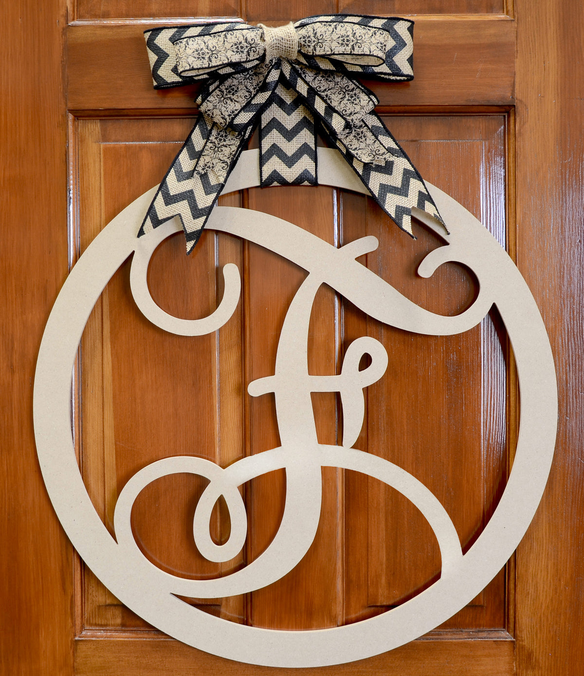 23" Script Circle Monogram Wooden Letter: F Lifestyle Photo