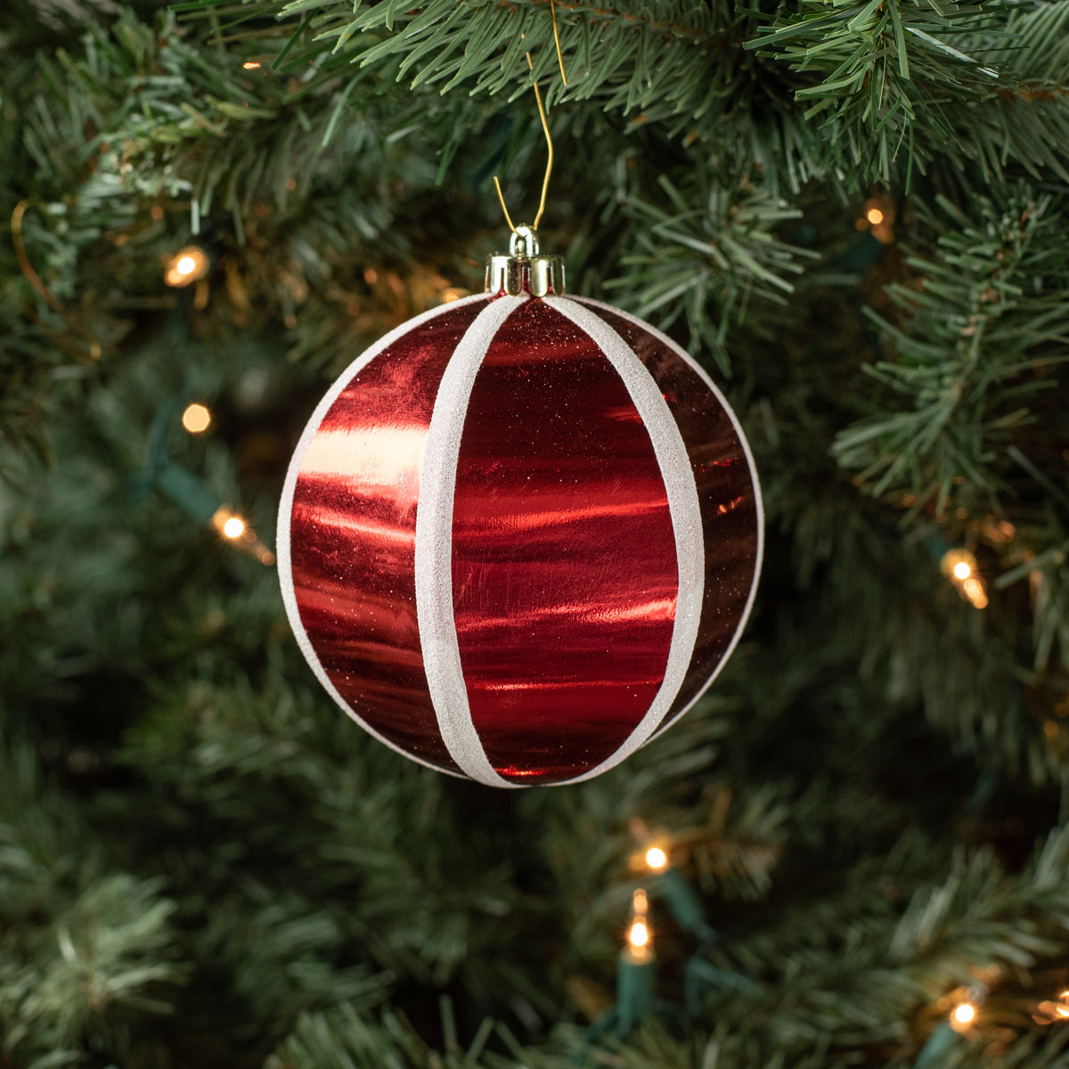 4" Segmented Stripe Ball Ornament: Red & White (4) Lifestyle Photo