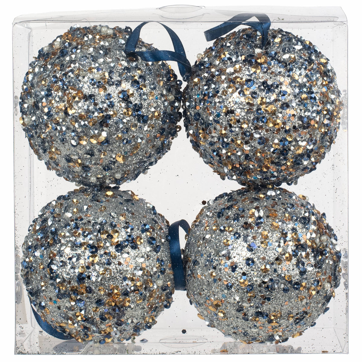 4" Sequin Glitter Ball Ornaments: Blue & Champagne (Box of 4) Item Number: 102433